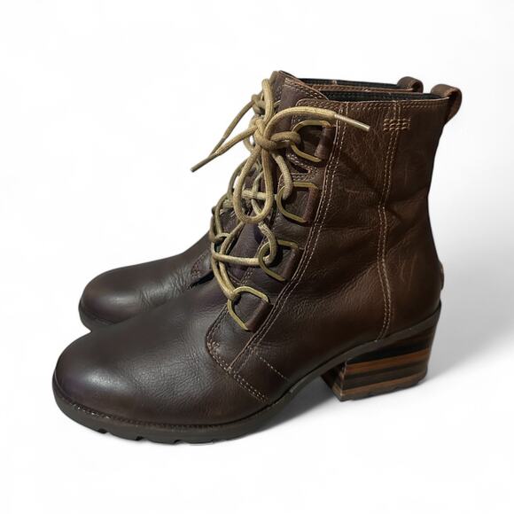 Sorel Women's Cate Lace Up Heeled Leather Boots Sz 11 Dark Brown - Picture 1 of 8